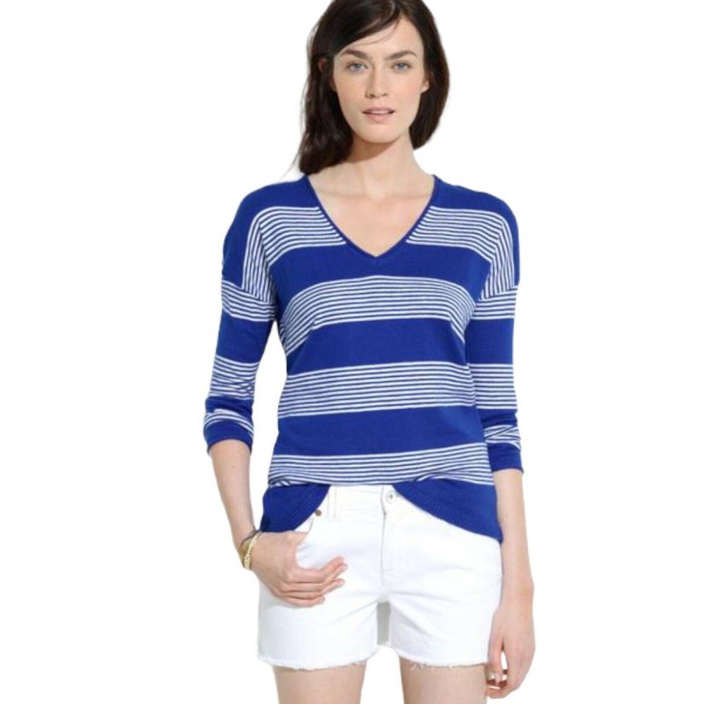 Madewell Women XS Blue white Deckhouse striped V neck Pullover Sweater